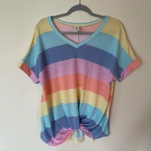 Boutique striped multicolor/rainbow short sleeve shirt with front tie - small